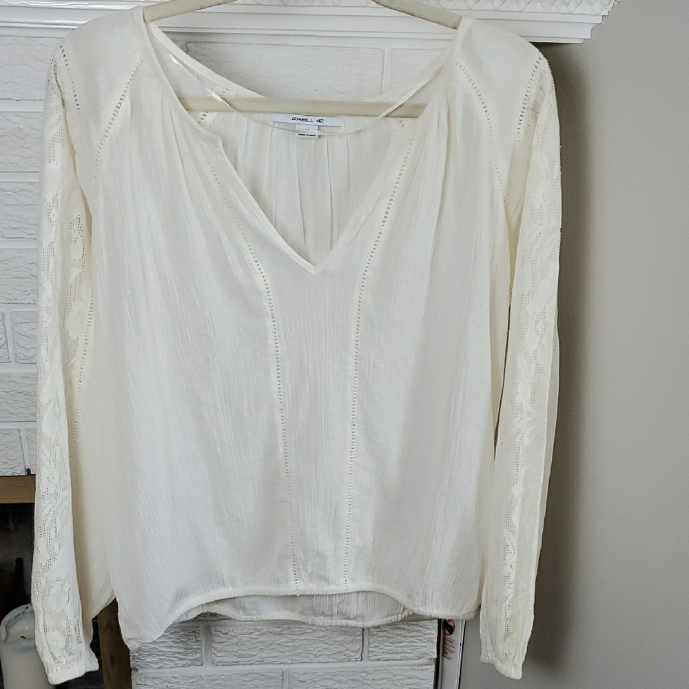 O'Neill Wmn Cream Relaxed Long Baloon Lace Sleeve Cotton Boho Blouse Size M